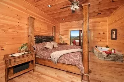 The bedroom of a cabin in Pigeon Forge.