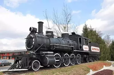 A Dollywood train on display at the theme park.