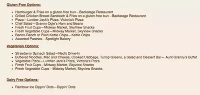 Dollywood Dietary Options