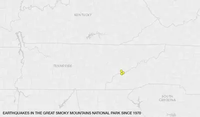 A map of earthquakes in the Great Smoky Mountains National Park since 1970.