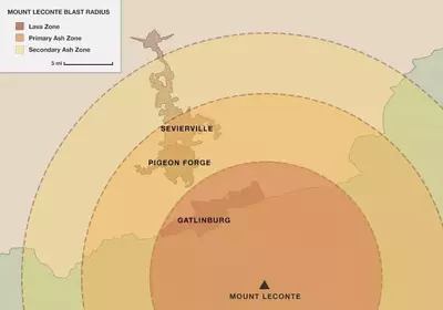 Map detailing the blast radius for the Mount LeConte volcano in the Smoky Mountains.