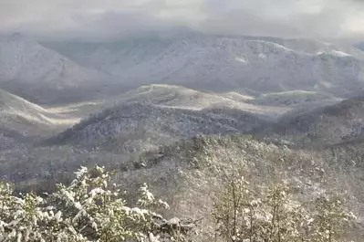 The Smoky Mountains in winter covered in snow.