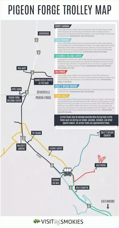 A Pigeon Forge trolley map with information about all of the routes.