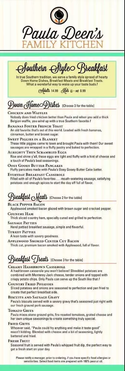 Paula Deen's Family Kitchen breakfast menu