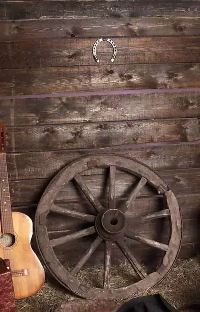 Guitar next to an old wheel in a cabin in the Smokies