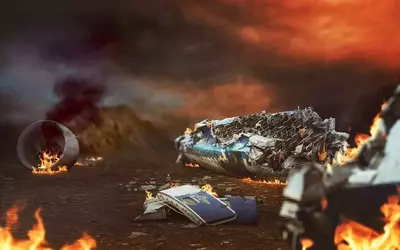 plane crash debris in flames