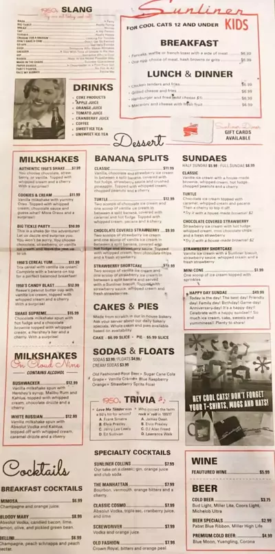 Sunliner Diner Dessert Menu