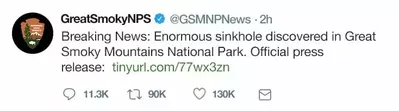 A tweet from GSMNPNews about the sinkhole in the Great Smoky Mountains.