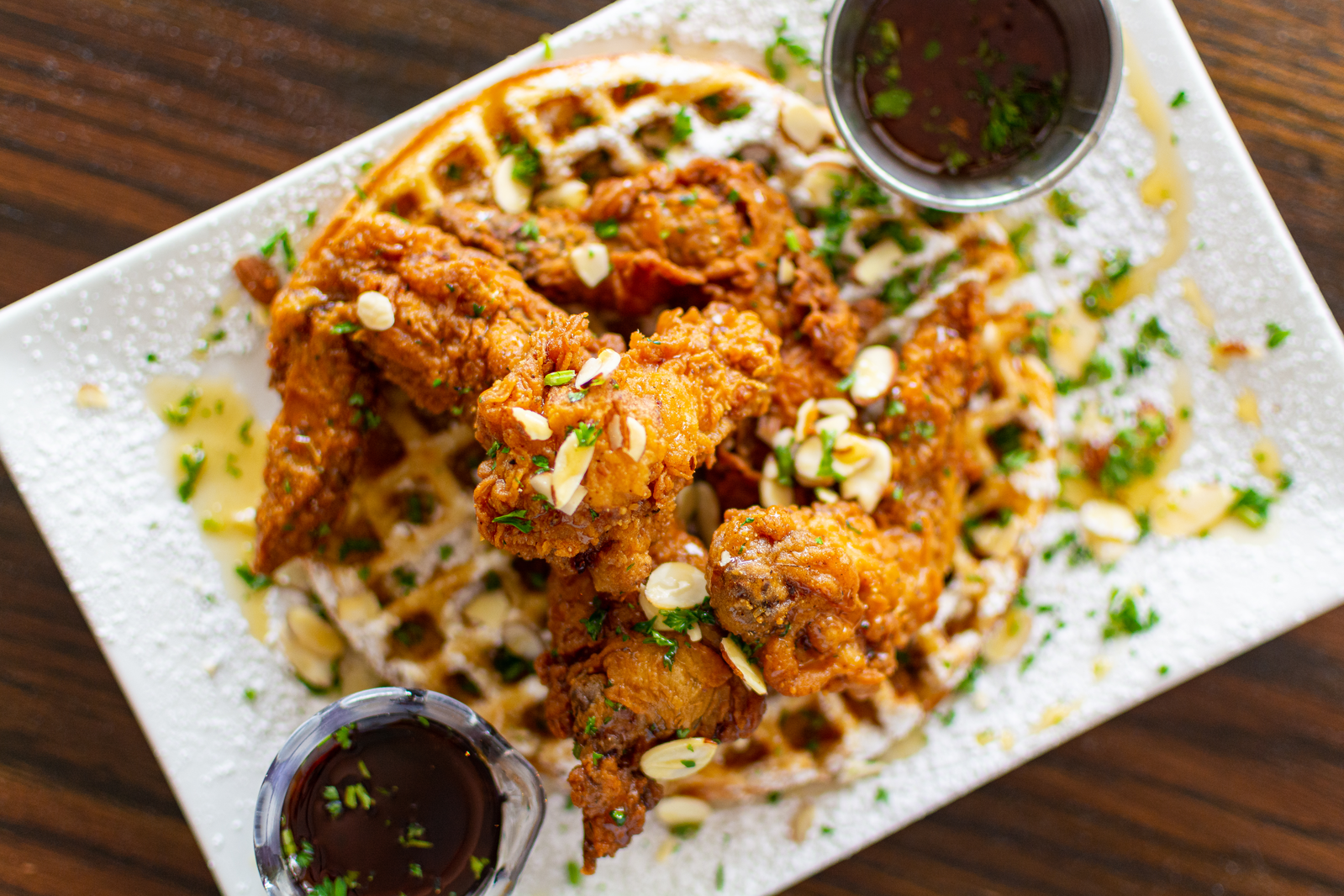 chicken and waffles in restaurant