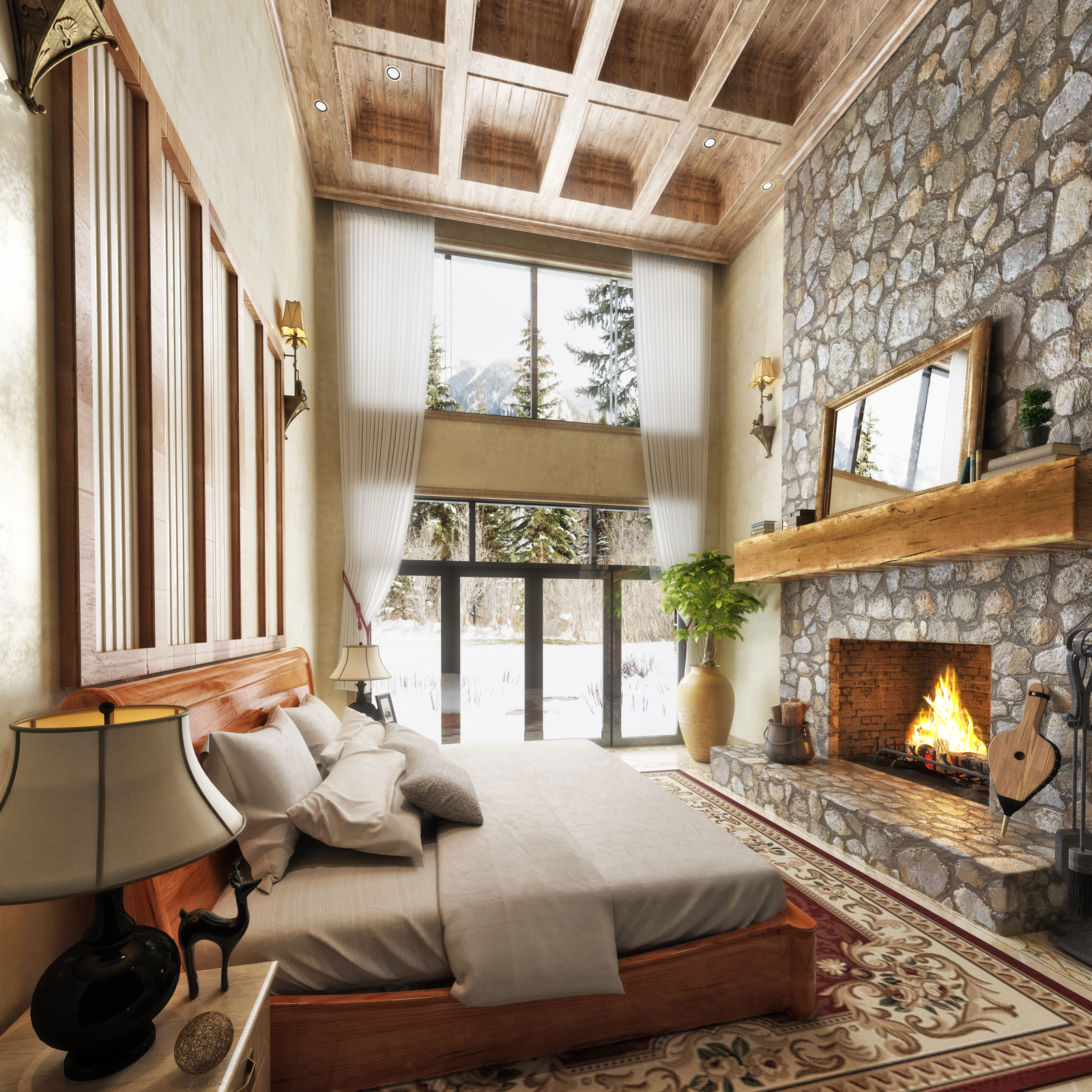 bed by fireplace
