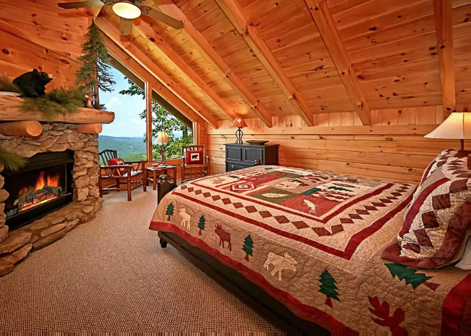 Wake up to beautiful views or enjoy a cozy sitting area by the fire. 
