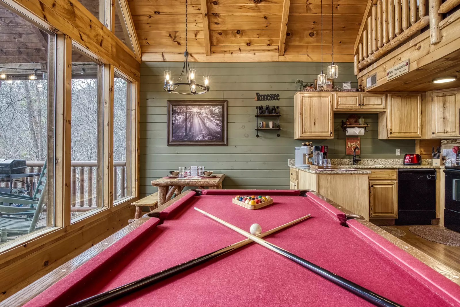 A Walk in the Clouds pool table and kitchen