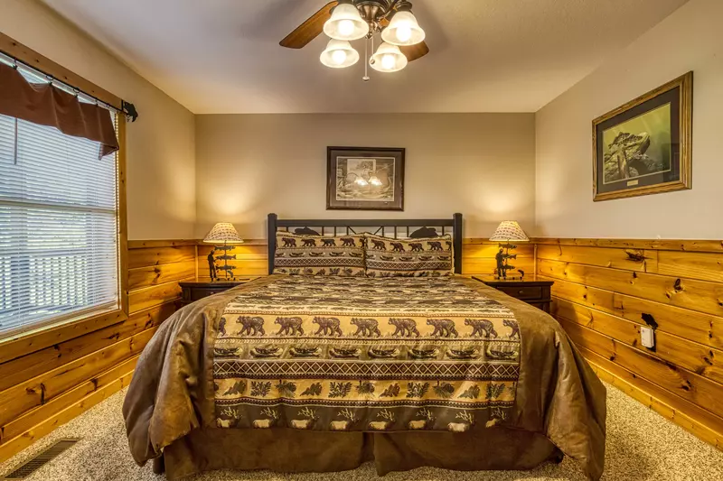 Getaway Mountain Lodge lower level bedroom two with king size bed