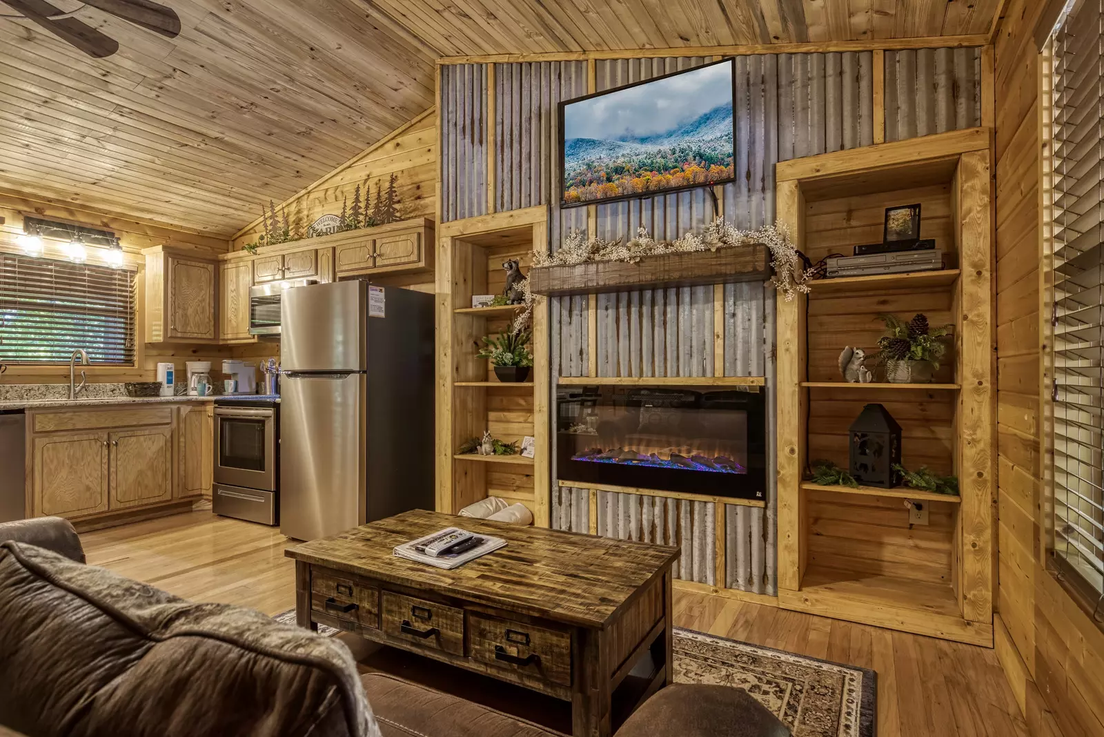 Honeymoon Hideaway living room with year round electric fireplace