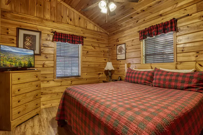 Just Hanging Out main level bedroom with king size bed