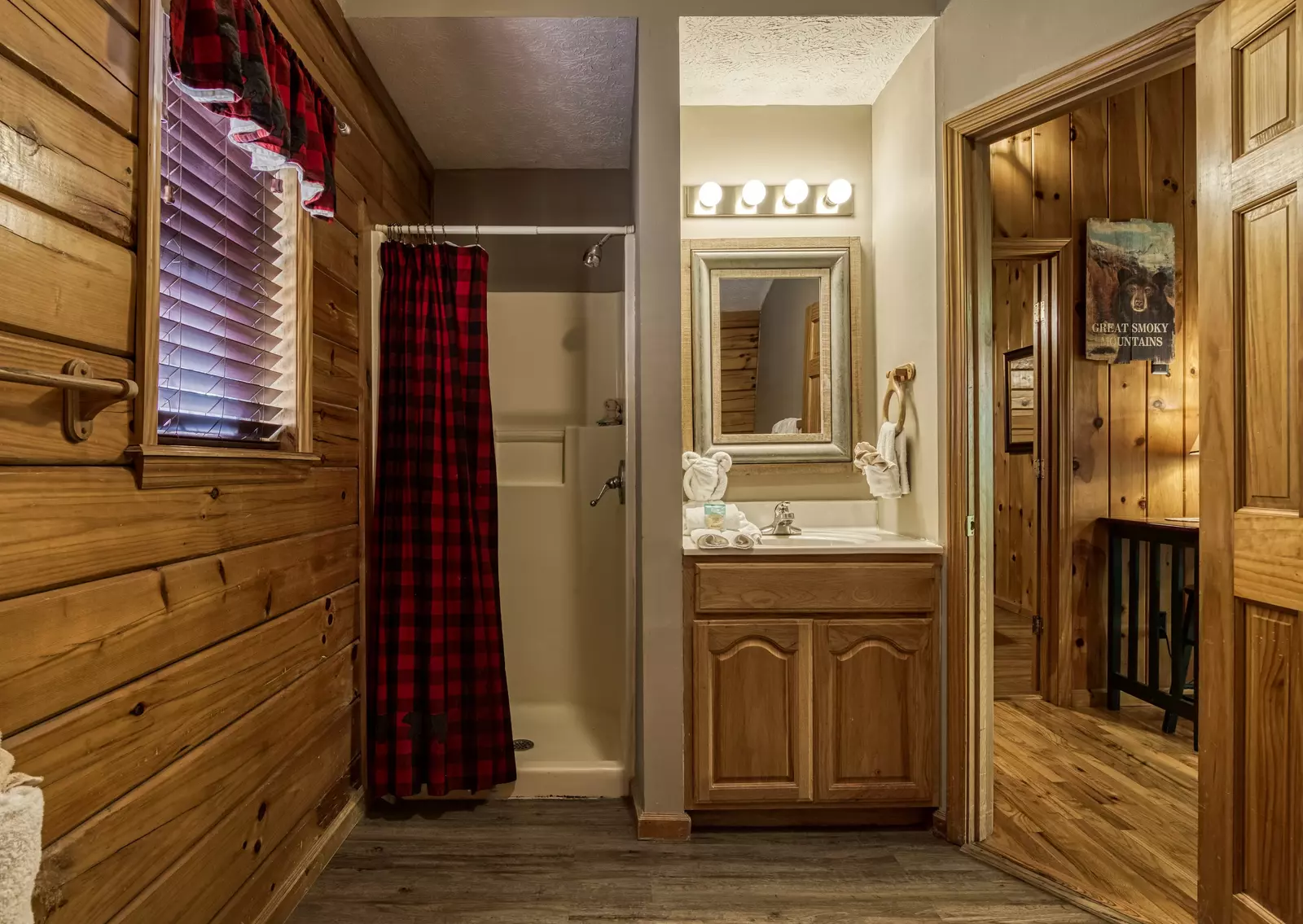 Just Hanging Out lower level bathroom with walk in shower