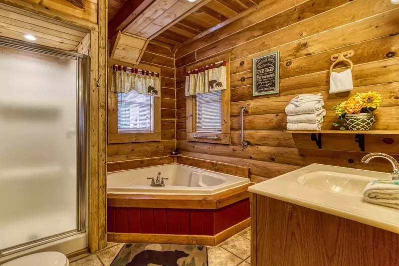Honey Dreams main level bathroom with whirlpool tub and walk in shower