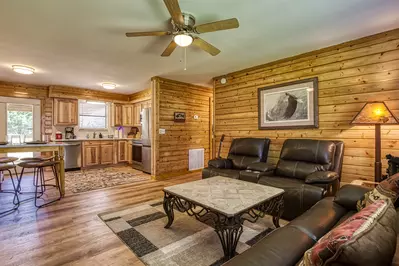 Happy Hollow Hideaway living room and fully furnished kitchen
