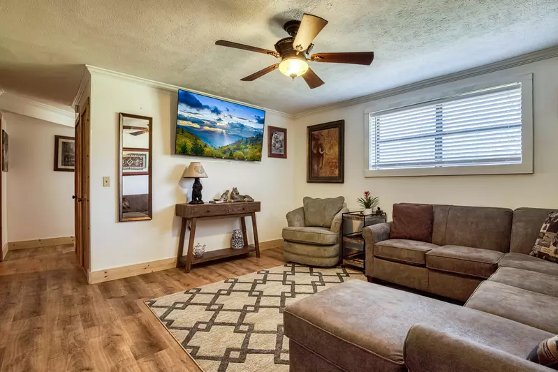 Happy Hollow Hideaway lower level living room with 65 inch TV