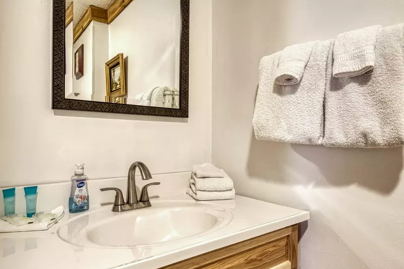 Happy Hollow Hideaway lower level bathroom with single vanity