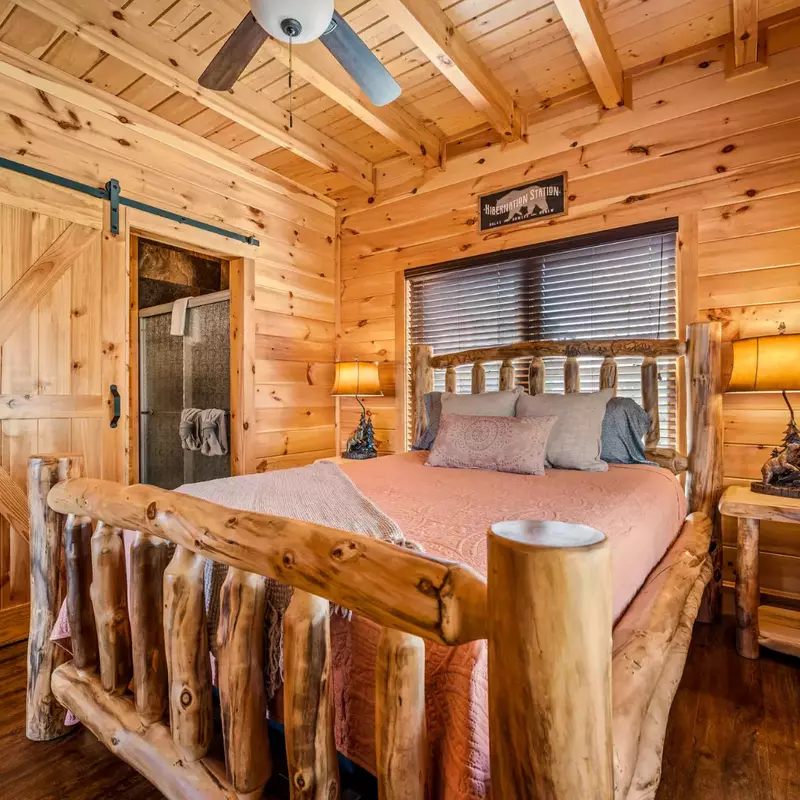 Main Level Bedroom with Queen Bed and ensuite bathroom