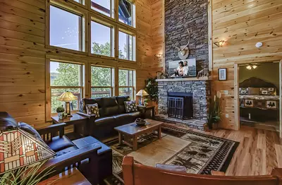Great Room with Wall of Glass and Fireplace