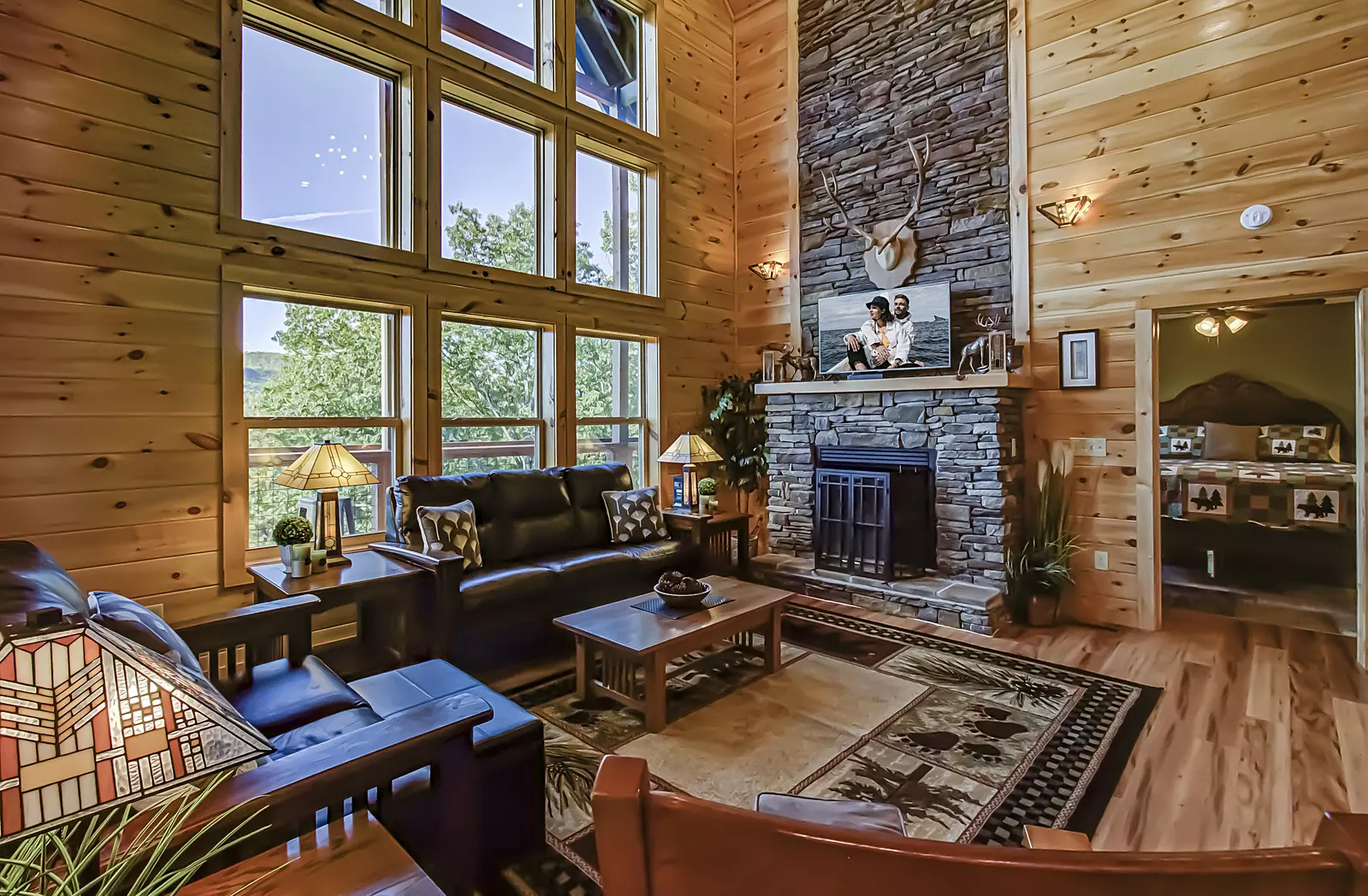 Great Room with Wall of Glass and Fireplace