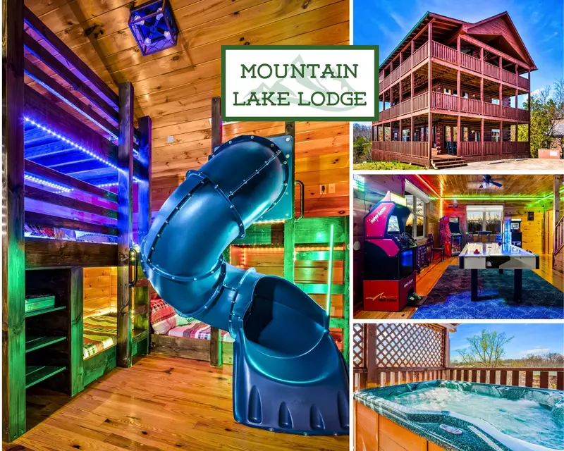 Mountain Lake Lodge sleeps up to 18 and is great for families with children who will enjoy a fun indoor slide and bunk room