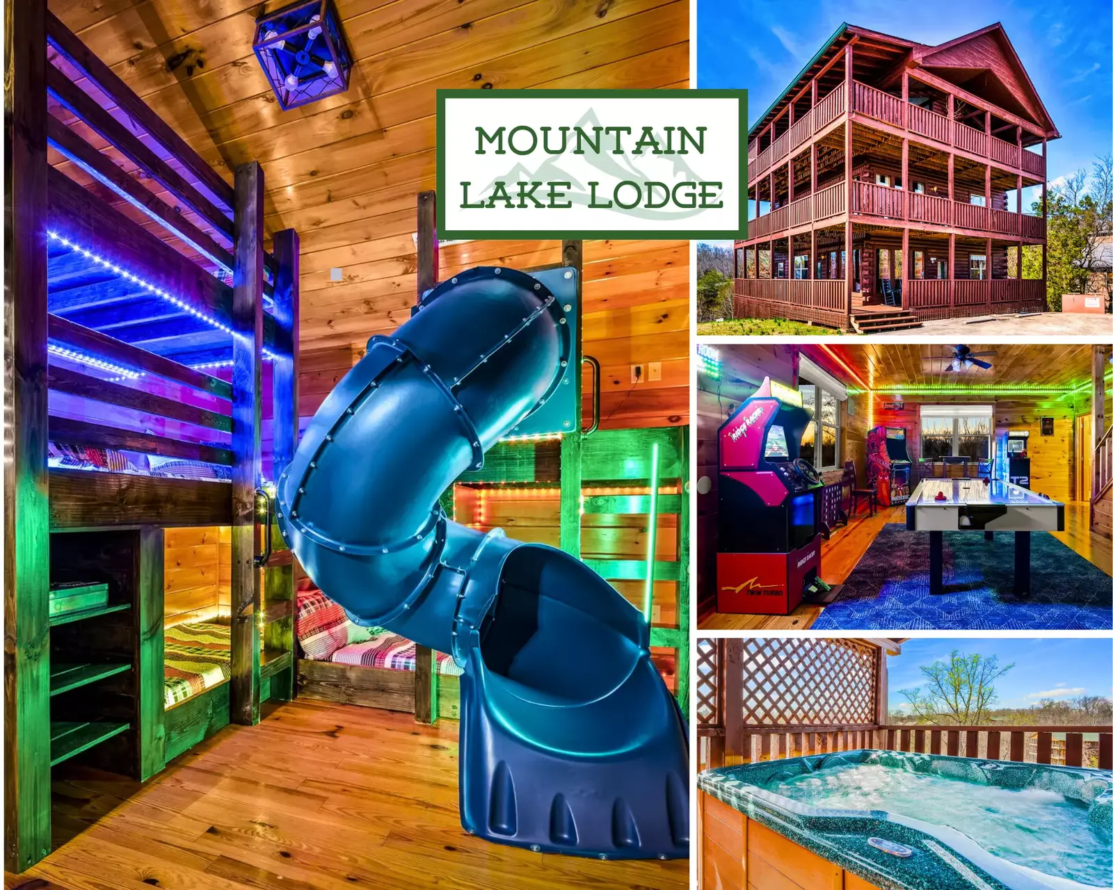 Mountain Lake Lodge sleeps up to 18 and is great for families with children who will enjoy a fun indoor slide and bunk room