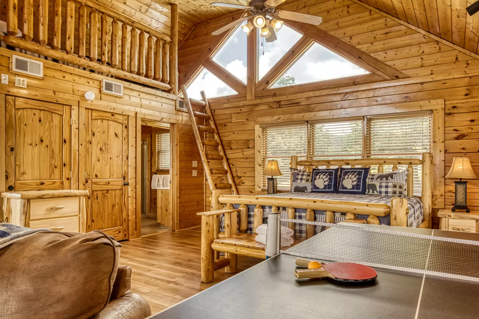 Awesome Views upper level loft area with ping pong table and king size bed