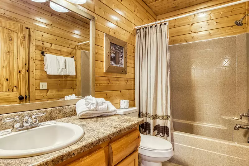 Awesome Views lower level bathroom with tub/shower combo and single vanity