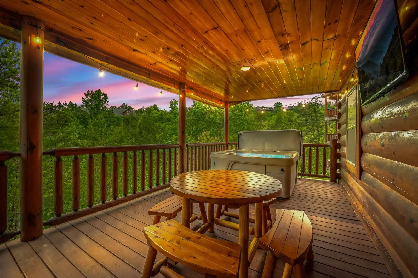 Relax in the hot tub with mountain air and twilight views